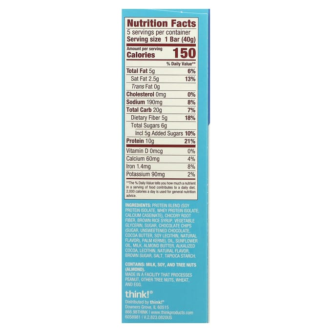 Pense!, Barre Protéinée+ 150 Calories, Pépites de Chocolat, 5 Barres, 1,41 oz (40g) Chaque
