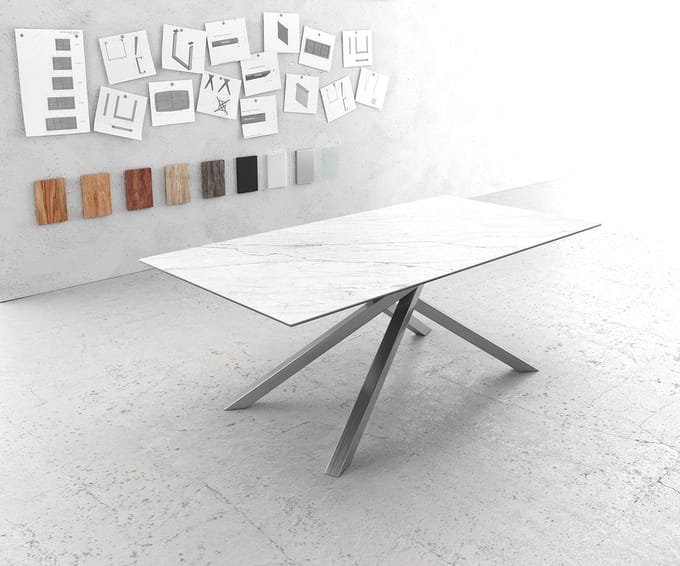 Eettafel Edge Laminam® keramiek wit 200x100cm middenvoet kruis zilver