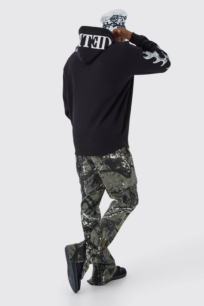 Oversized Zip Through Limited Graphic Hoodie | Black | Size Medium