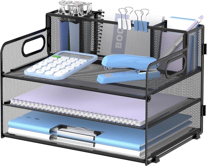 Dailygoods- Bureau-Organizer Zwart - 3 Etages - Documentenmap - Pennenbakje - Multifunctioneel - Duurzaam Metaal - Documentenhouder