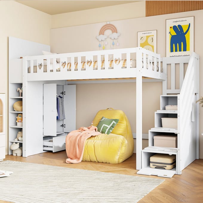 Hoogslaper - 90x200 cm - Met Opbergtrap en Kasten - Decoratieve Reling - Wit