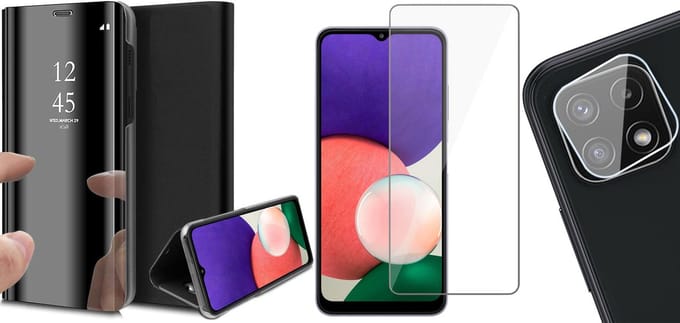 Hoesje geschikt voor Samsung Galaxy A22 5G - Bookcase Zwart - Screenprotector - Camera Screen Protector - Spiegel Hoes