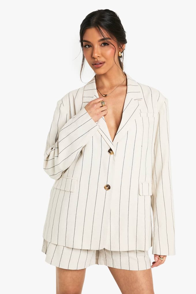 boohoo Dames Op maat gemaakte linnen-look gestreepte oversized blazer | Stone | Maat: 10
