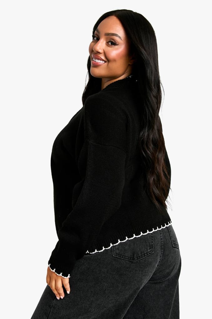 boohoo Dames Plus Blanket Stitch gebreide crop cardigan | Zwart | Maat: 52