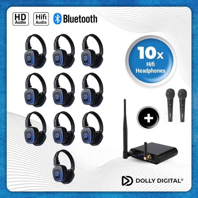 Origineel Dolly Digital® Silent Disco set: 10 draadloze HiFi-koptelefoons + dubbele microfoon – oneindig uitbreidbaar | Bluetooth