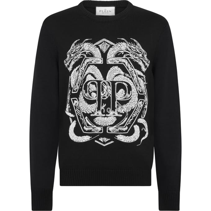 Embroidered Merino Wool Round Neck Pullover Hexagon Dragon