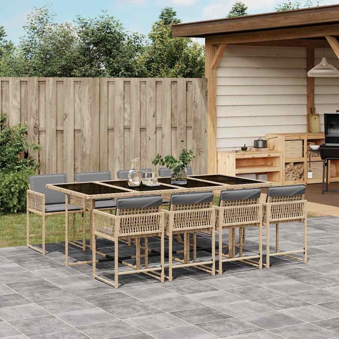 vidaXL - 9-delige - Tuinset - met - kussens - poly - rattan - gemengd - beige