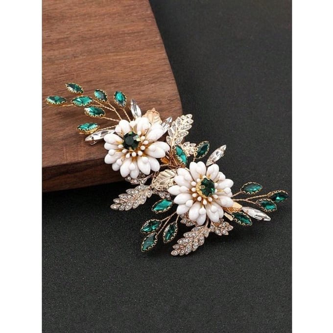 1 stuks Handgemaakte Gouden Legering & Parel Bloemen Bruids Haarclip, Bruiloft Feest Haaraccessoire one-size groen