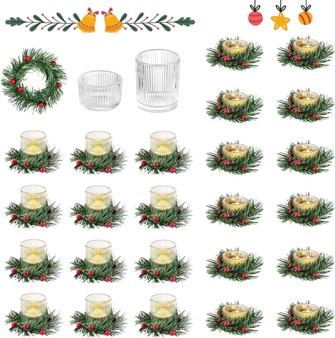 24x Mini Votief Kaarshouders Glas met Geribbelde Rand en Kerst Kransringen Decoratie