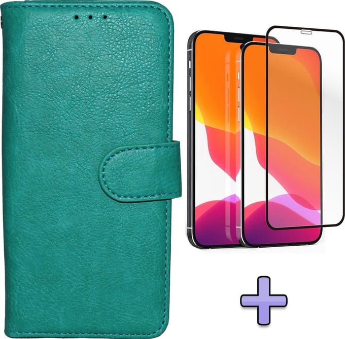 HB Hoesje Geschikt voor Apple iPhone 12 Pro Max Turquoise - Luxe Kunstlederen Portemonnee Book Case & Volledige Display Screenprotector