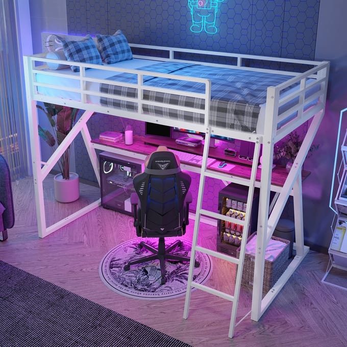 REDOM Bedframe 90x200 cm – Hoogslaper met bureau & LED-verlichting – Metaal/MDF – Wit