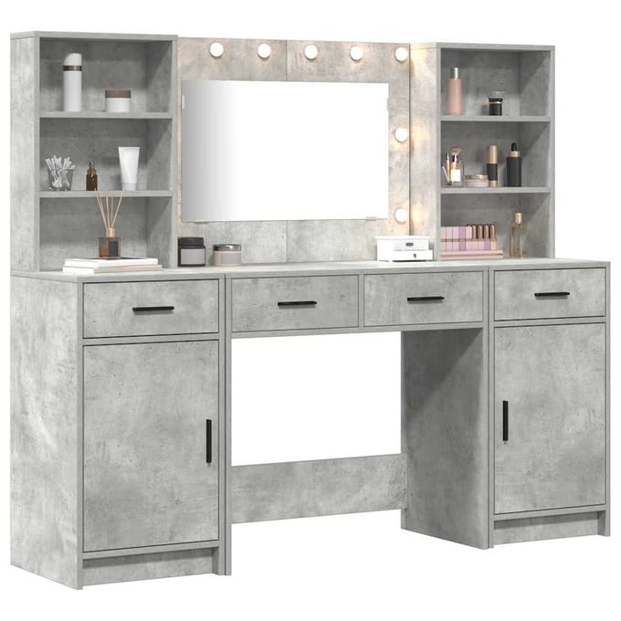 vidaXL - Dressing - tafel - set - met - LED - 3 - st - Beton - Grijs - Bewerkt - hout