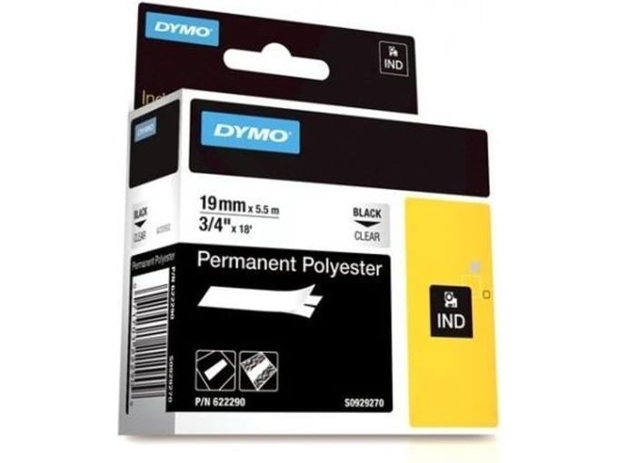 DYMO Rhino industriële labels | Permanent Polyester | 19 mm x 3,5 m | zwarte afdruk op transparant | zelfklevende labels voor Rhino & LabelManager labelprinters