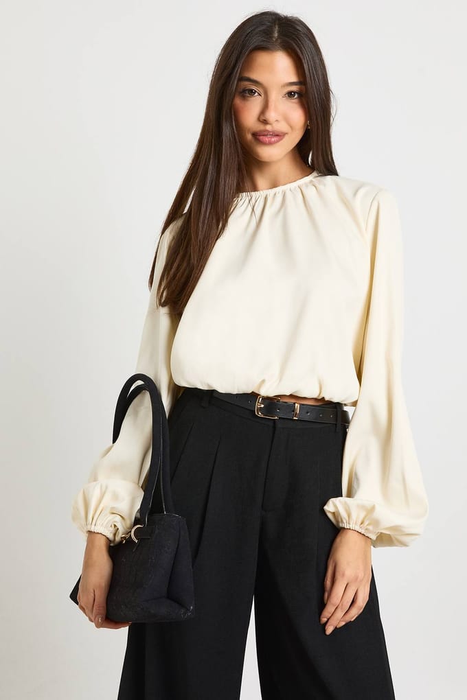 boohoo Dames Plisse top met ballonmouwen | Cream | Maat: 14