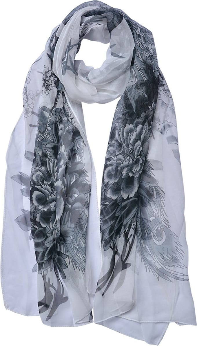 Juleeze Sjaal Dames Print 50x160 cm Wit Grijs Synthetisch Bloemen