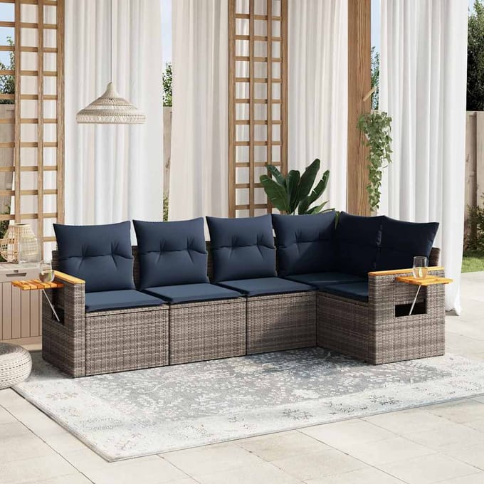 vidaXL - 5-delige - Loungeset - met - kussens - poly - rattan - grijs