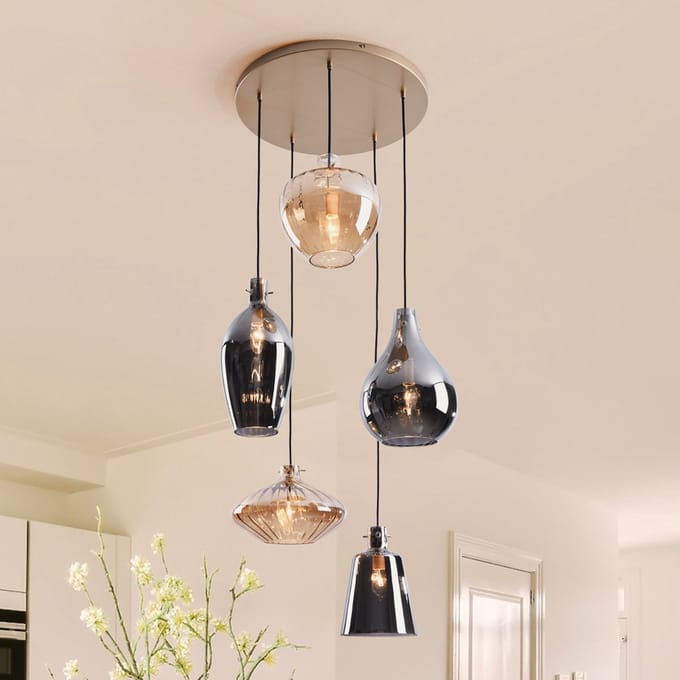 LumenXL Hanglamp - amber - smoke glas, 5-lichts - Nisa