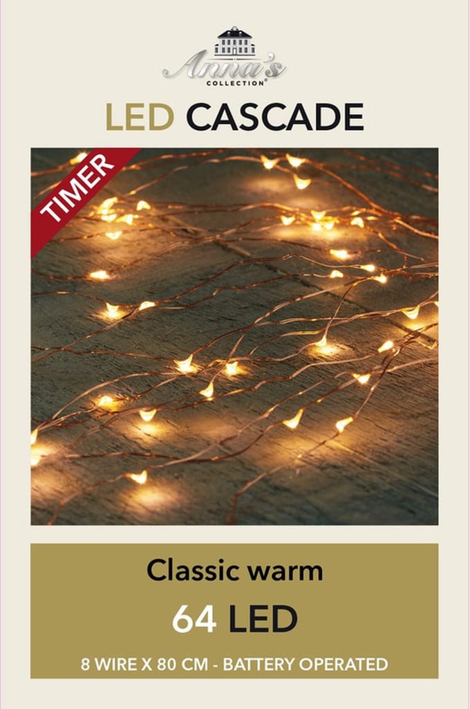Cascade draadverlichting - koperdraad - 64 Led's - warm wit - op batterij