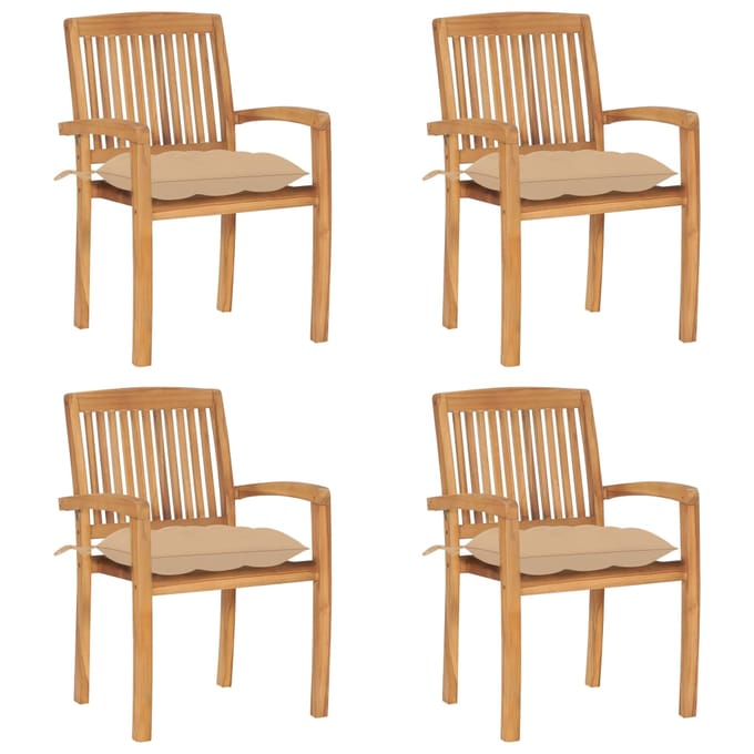 vidaXL - Tuinstoelen - stapelbaar - 4 - st - met - kussens - massief - teakhout