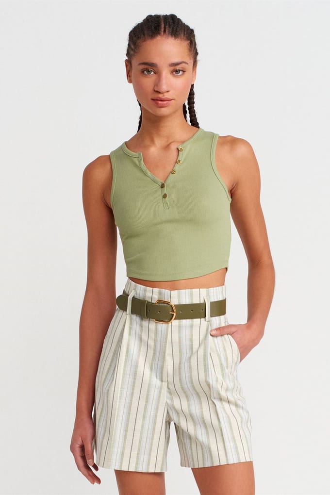 Dames Geribbelde Cropped Blouse met Knopen