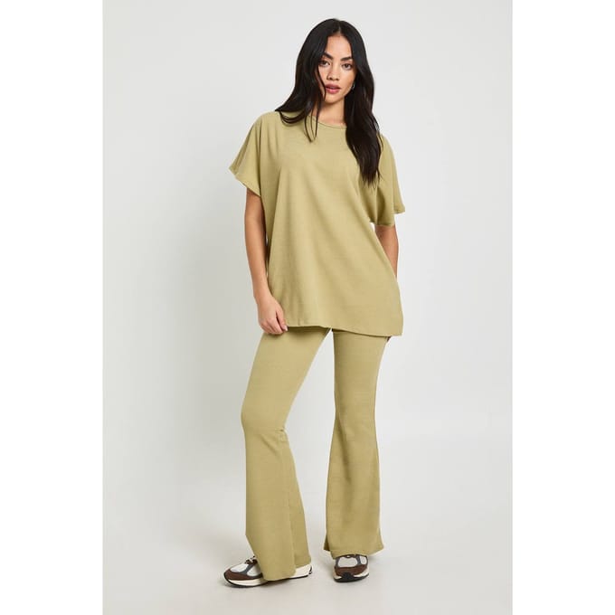 boohoo Dames Tweetonige Geribbelde Wijduitlopende Legging & Top Set | Sage | Maat: 8