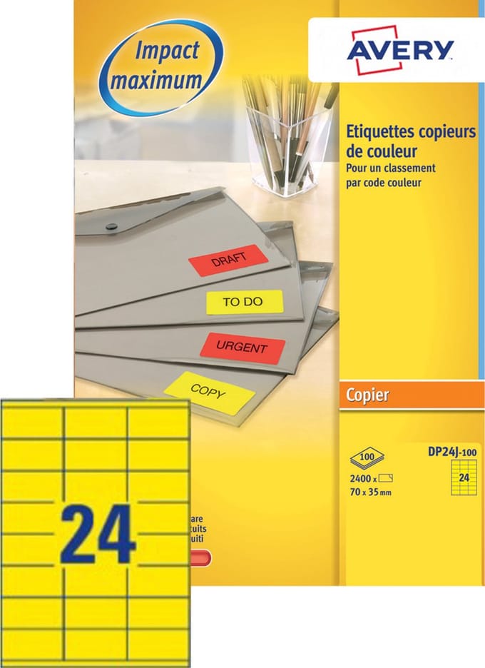 Kopieeretiket Avery 70x35mm - fluorrood doos 100 vel 24 et.