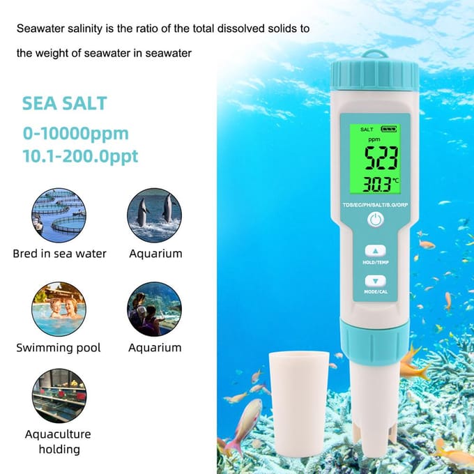 Testeur de qualité de l'eau de poche multi-paramètres 7 en 1 PH/TDS/EC/ORP/SG/salinité/température avec without backlight bleu ciel
