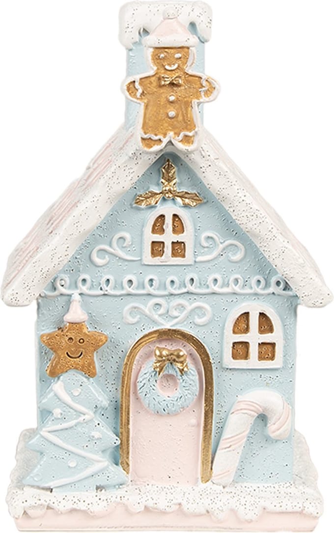 Clayre & Eef Gingerbread house met LED 9x8x15 cm Blauw Polyresin