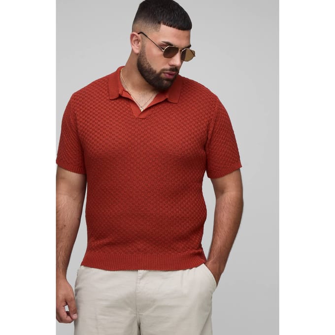 Plus Regular Fit Micro Ruit Gehaakte Polo Shirt | Burnt Orange | Size 2XL