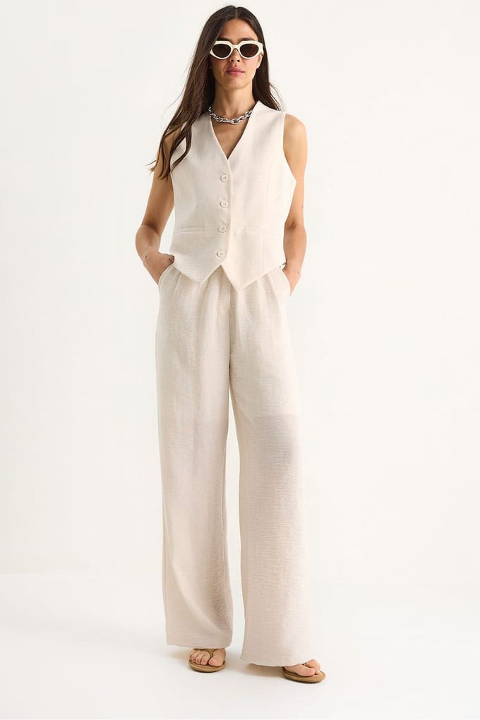 V-hals Vest en Wijde Pantalon Twee-delige Coord Set