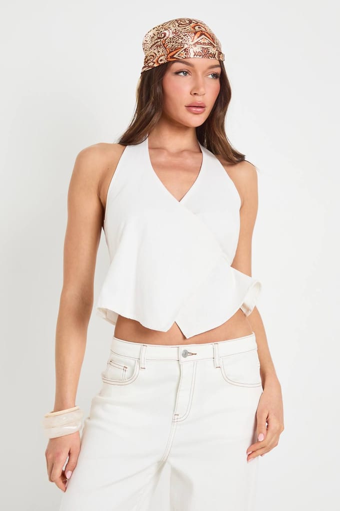boohoo Dames Linnen-look Haltertop Met Overslag | Natural | Maat: 36