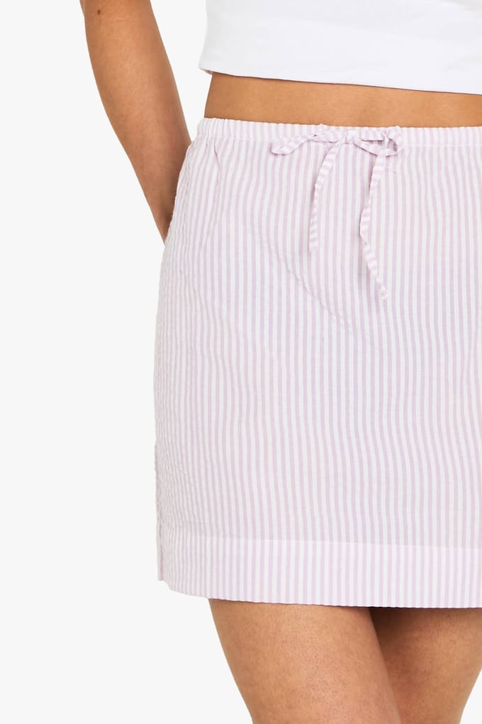 boohoo Dames Seersucker gestreept rok met trekkoord in de taille | Lila | Maat: 34
