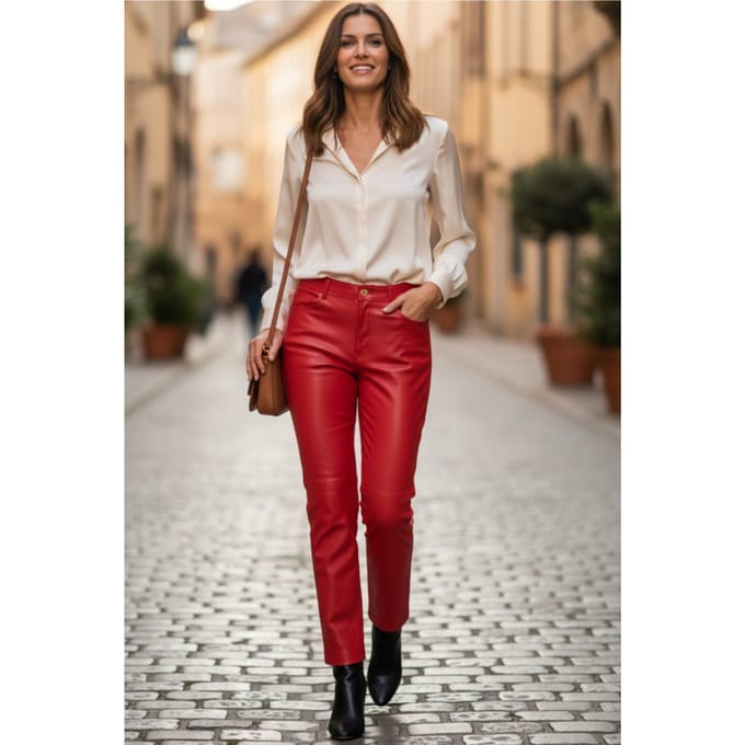 Dames Red Lamb Leather 501 Biker Jeans - Scharlaken