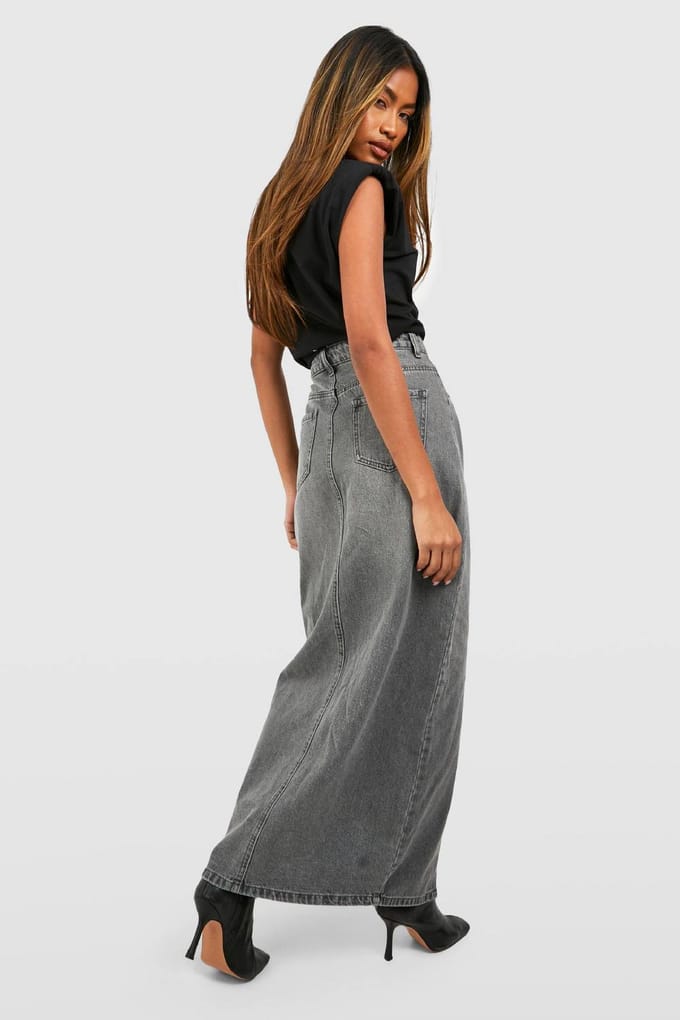 boohoo Dames Gespleten denim maxi rok | Mid Grey | Maat: 6