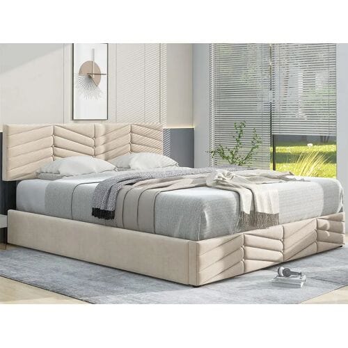 ModernLuxe Fluwelen opbergbed met lattenbodem + verstelbaar hoofdeinde - 140x200cm - Beige