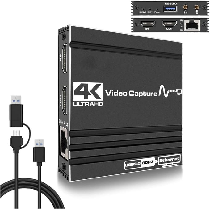 Sounix Video Capture Card - Game Capture - HDMI 4K 1080P@60fps - Met USB C Adapter - USB 3.0 - Plug & Play