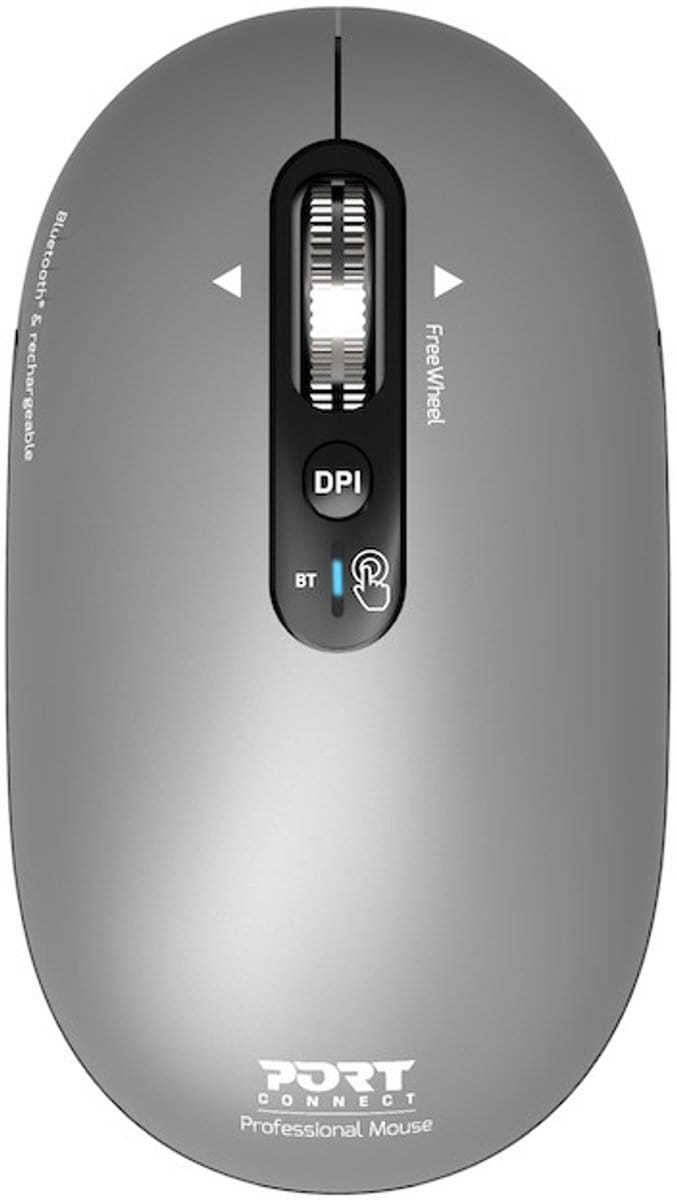 Port Connect 910009 - Muis - Draadloos - Ambidextrous - 3200 DPI - Bluetooth - 4 knoppen - grijs