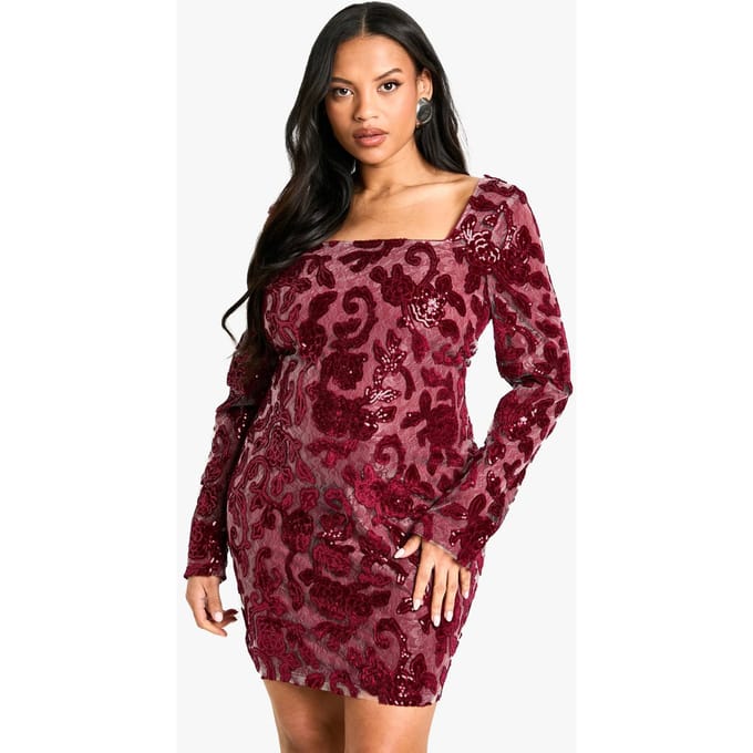 boohoo Dames Plus Demask Square Neck Bodycon Dress | Bessen | Maat: 48