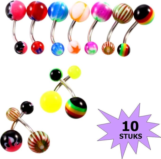 Fako Bijoux® - Navelpiercing - Acryl & RVS - Print - 10 Stuks