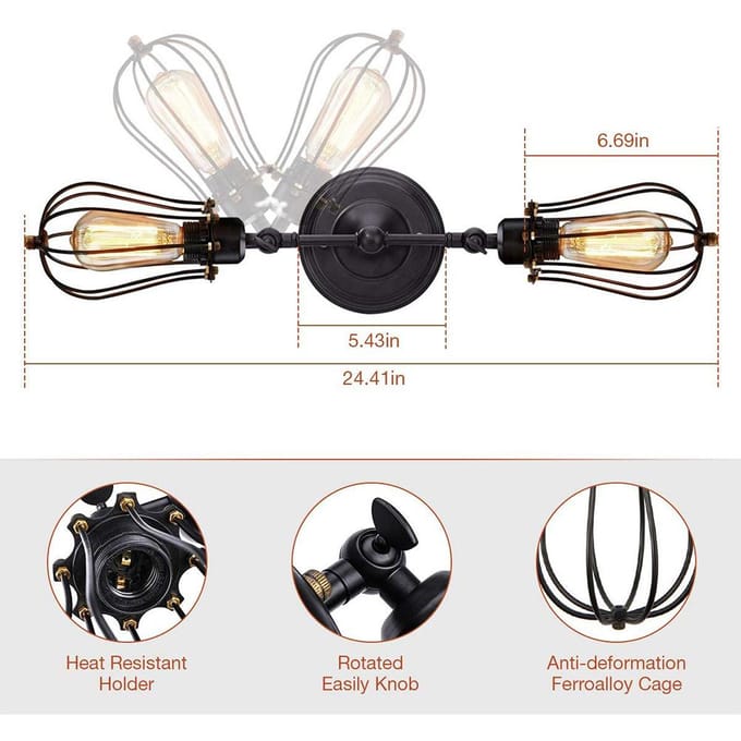 Wandlamp met dubbele kop Industrieel Draadkooi Wandlicht Vintage Stijl Wandlamp black