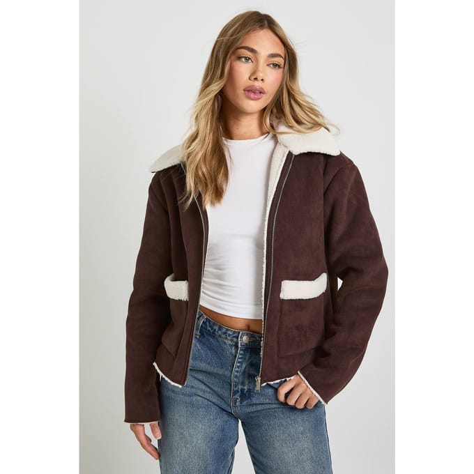 boohoo Dames Teddy Trim Namaaksuede Aviator | Chocolate | Maat: 14
