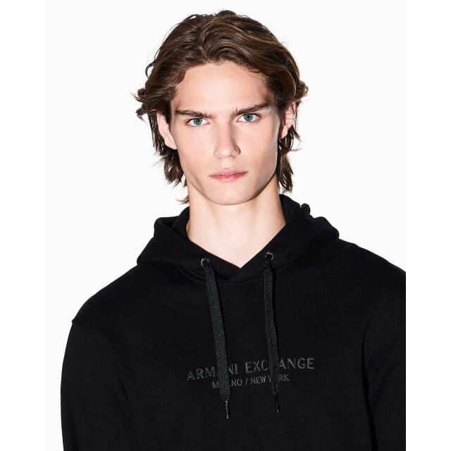 V-Neck Hooded Cotton Sweatshirt with Long Sleeves - Black