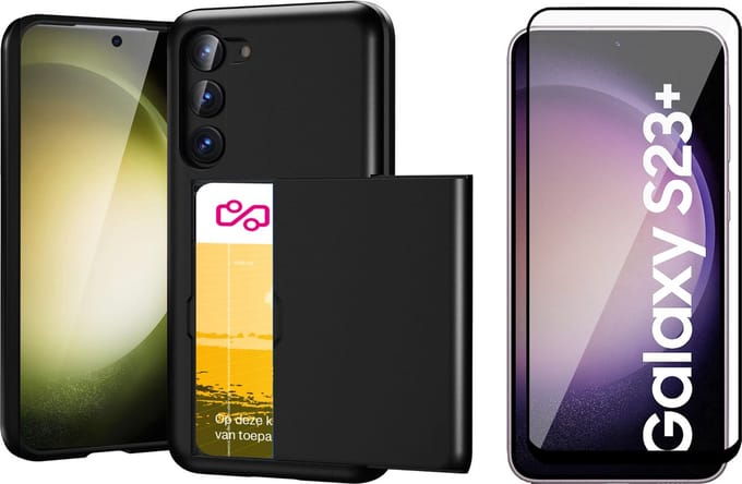 Hoesje met Pasjeshouder geschikt voor Samsung Galaxy S23 Plus - Screen Protector FullGuard - Back Cover SlideCase Zwart & Screenprotector