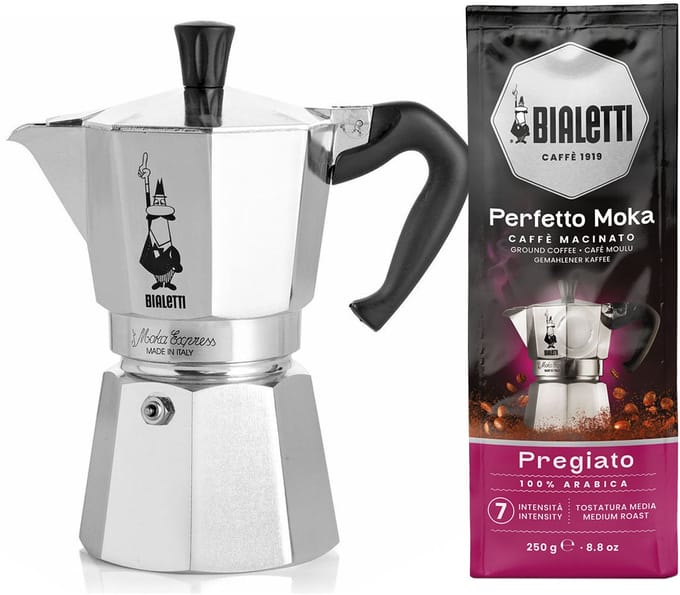 Bialetti Moka Express 4 kops + Bialetti Delicato gemalen koffie 250gr