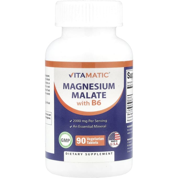 Vitamatic, Malate de magnésium, avec B6, 2 000 mg, 90 comprimés végétaux (1 000 mg par comprimé)