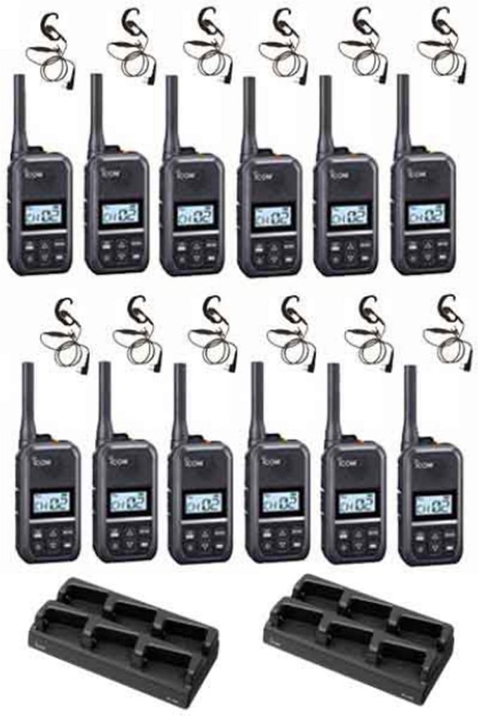 Set van 12 Icom IC-U20SR IP54 mini Portofoon met multilader en C-ring oortje