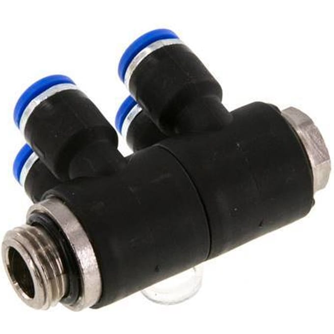 6mm x G1/4'' 4-way Manifold Messing/PA 66 Insteekfitting Buitendraad Draaibaar NBR