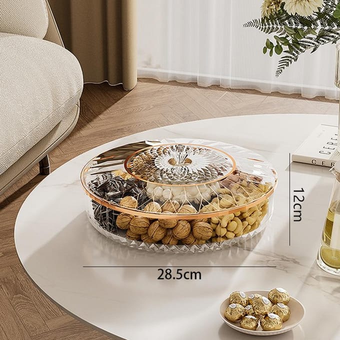 Draaibare opbergdoos met compartimenten, lichte luxe woonkamer display, droog fruit schaal, snack opbergdoos beige