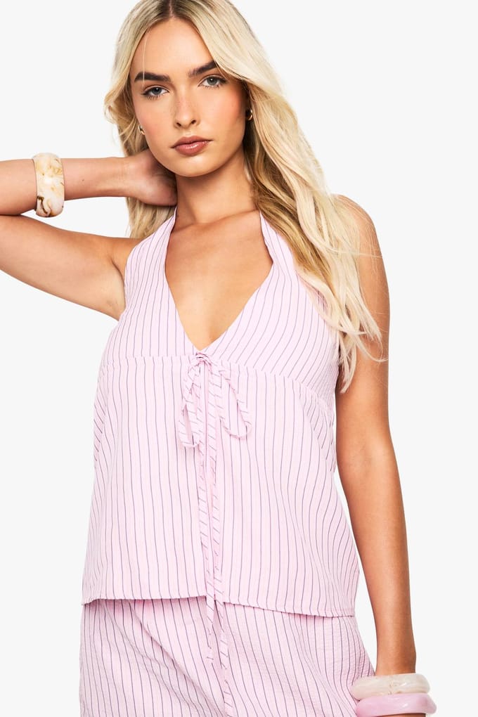 boohoo Dames Haltertop met textuur en strepen | Pastel Pink | Maat: 10