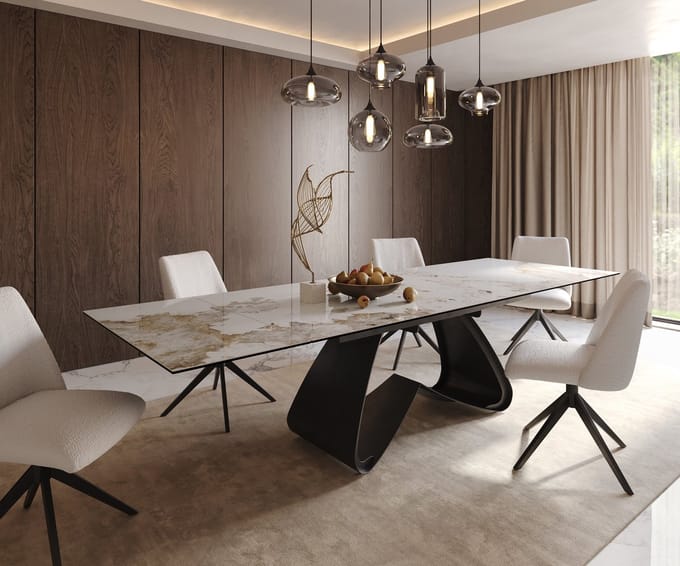 Eetkamertafel Edge keramiek Minas Melange wit-beige 200-300x100 W-frame zwart uitschuifbaar